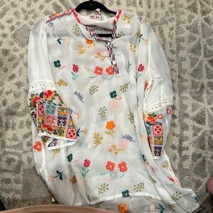 Johnny Was White Embellished Blouse with Mandarin Collar